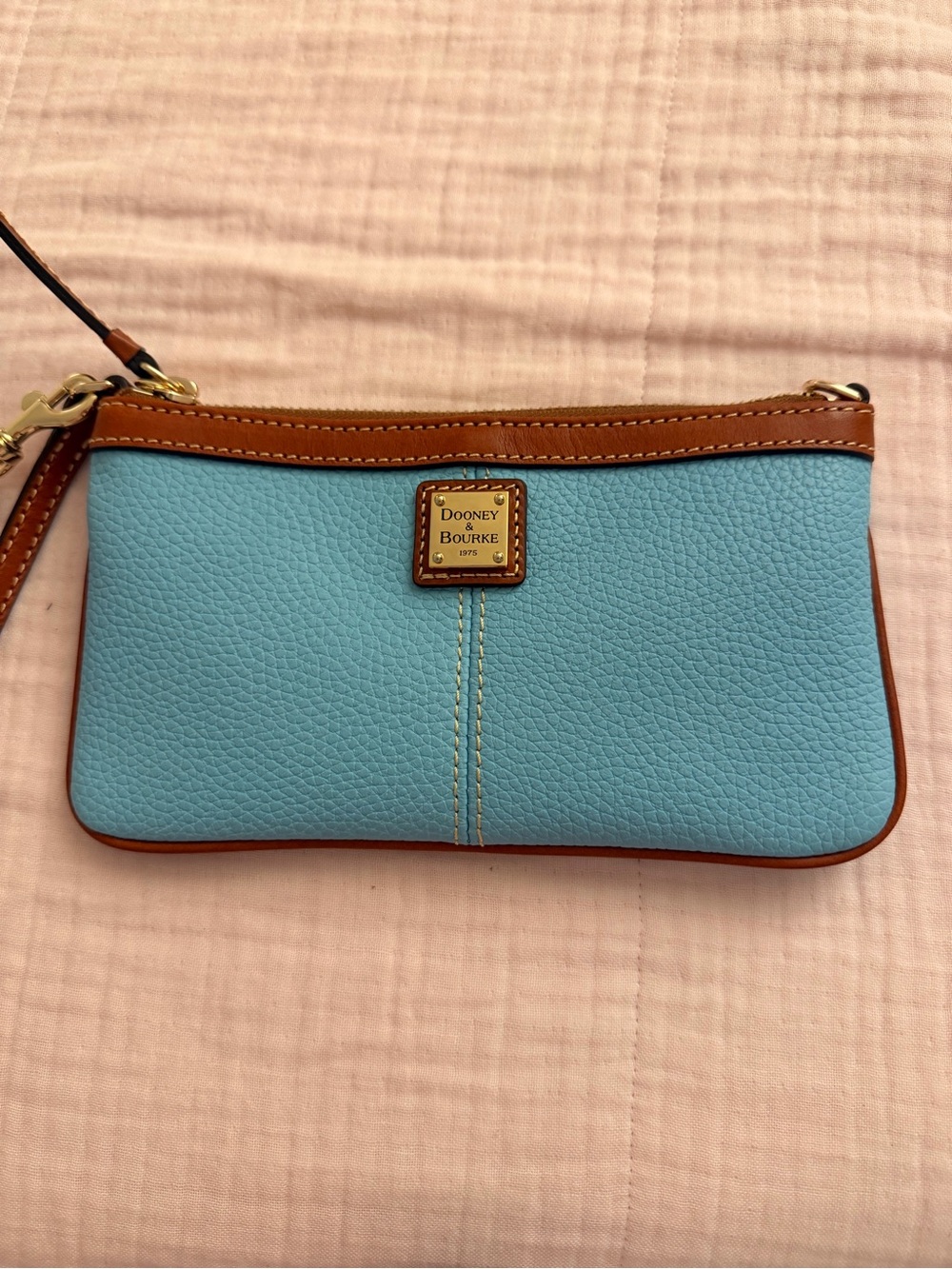 Dooney & Bourke Blue Pebble Leather Wristlet with Tan Trim